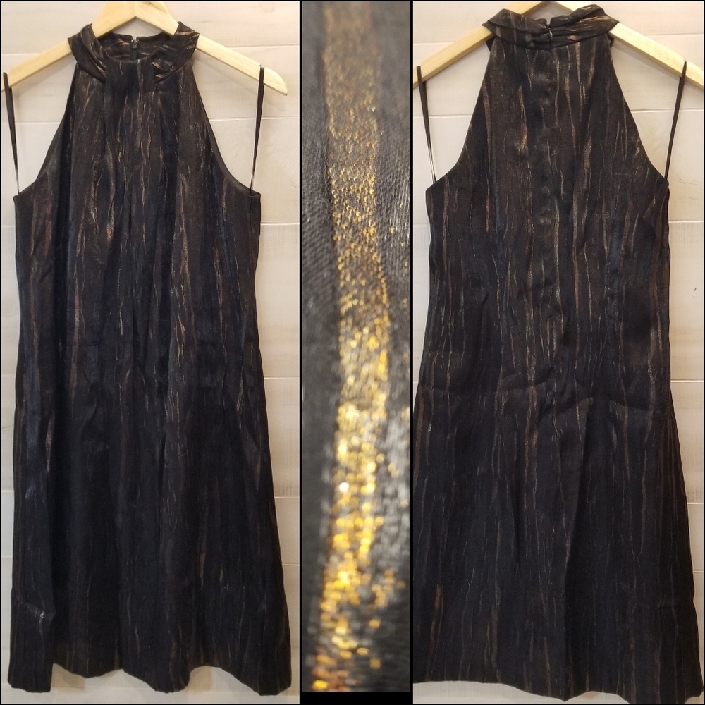 {6} AGB Halter Dress Black Bronze Brown Metallic Shimmer Formal Party